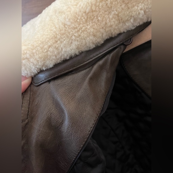 100% genuine brown leather bomber aviator jacket removable shearling collar - Picture 7 of 14